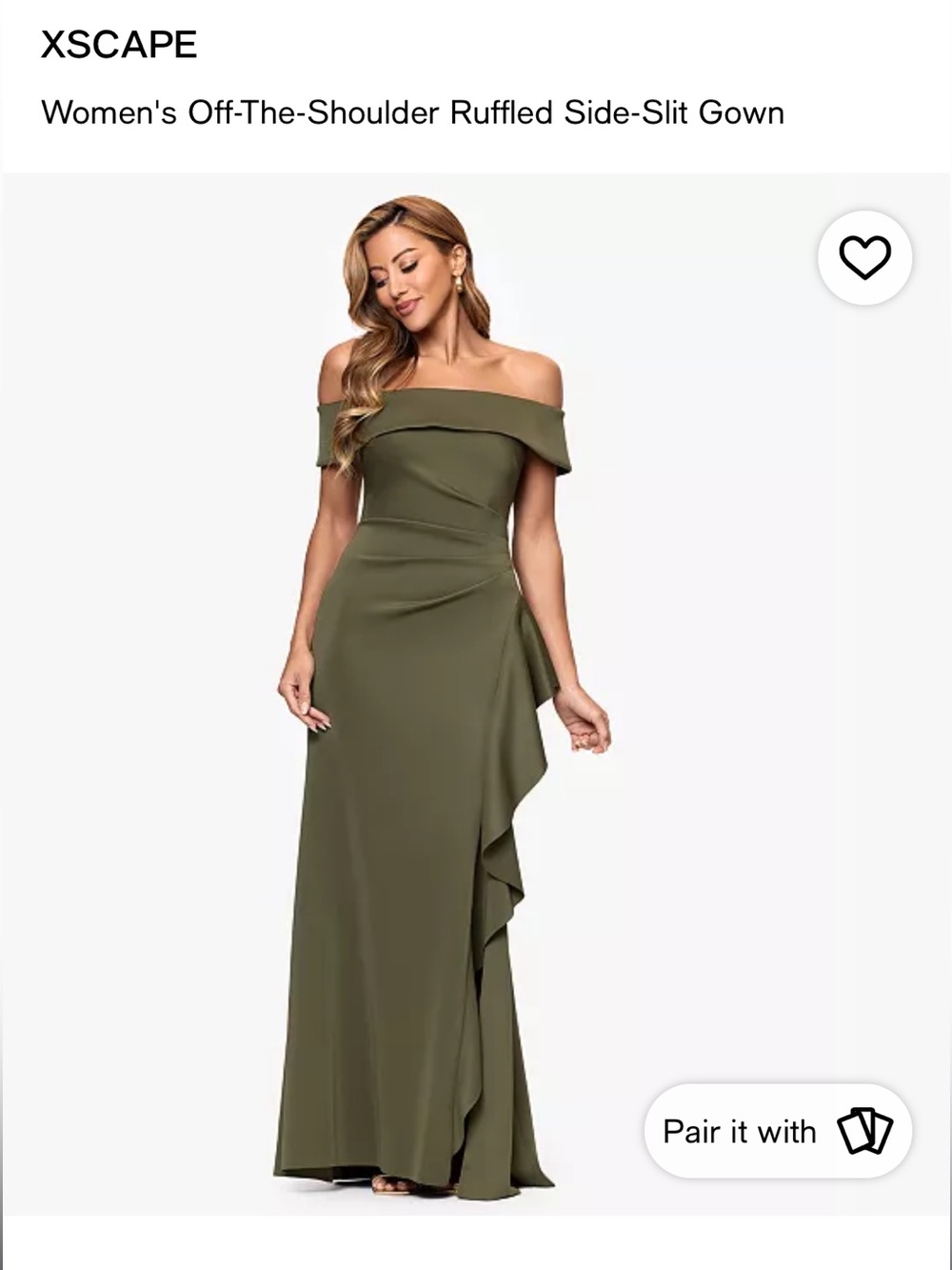 Xscape Olive One-Shoulder Evening Gown